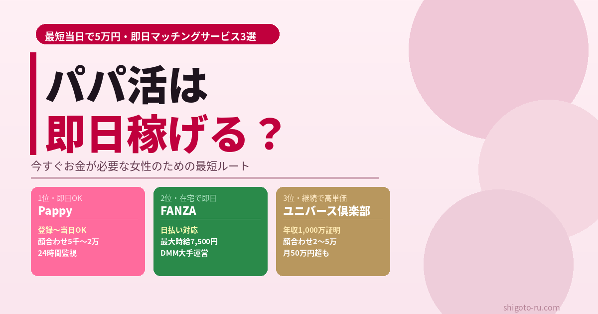 パパ活は即日稼げる？最短当日で5万円稼ぐ方法と即金が出るサービス3選【2026年最新】